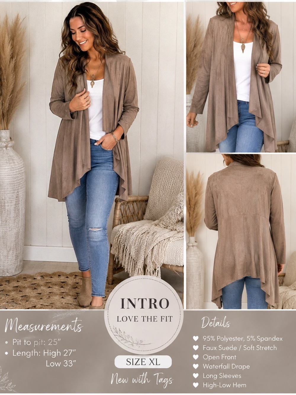 intro. Faux Suede Waterfall Cardigan - Taupe Brown